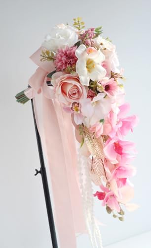 9.8 Inch Cascading Bridal Bouquet Waterfall Cascade Wedding Bouquet Bride with Artificial Rose Phalaenopsis Orchid Flower Beach Tropical Wedding Ceremony Bouquet Hot Pink and Blush Pink - color: Hot Pink & Blush Pink