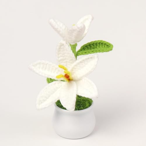 Crochet Flowers, Handmade Crochet Knitted Plant Lily Artificial Lily Flowers Gift to Family and Friends, Home Wedding Office Desk Cafe Decoration (White, 2pcs) - color: Lily-white