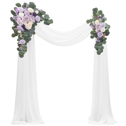Floroom Arch Flowers with Drapes Kit (Pack of 4) - 2pcs Artificial Lilac Lavender Purple Floral Swag Arrangement with 2pcs Draping Fabric for Wedding Ceremony Arbor and Reception Backdrop Decoration - color: Lilac & Cream