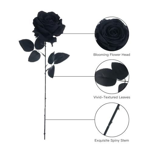 12 Pcs Black Roses Artificial Flowers with Long Stem, Faux Silk Rose Bouquet Realistic Lifelike Fake Floral Bundles for Halloween Valentine's Day Wedding Party Table Centerpiece Decor, Large - color: Black, size: Large