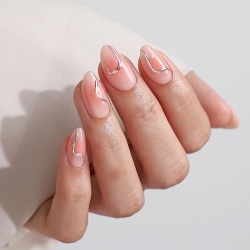 32Pcs Soft Gel Press on Nails for Women, Pink Aura, Short Almond | Metal Chrome Line Art False Fake Nails Press Ons for Office Daily Wear, Salon Quality Reusable Glue & Stick on Nail Gift Kit - color: 3H-Pink Aura