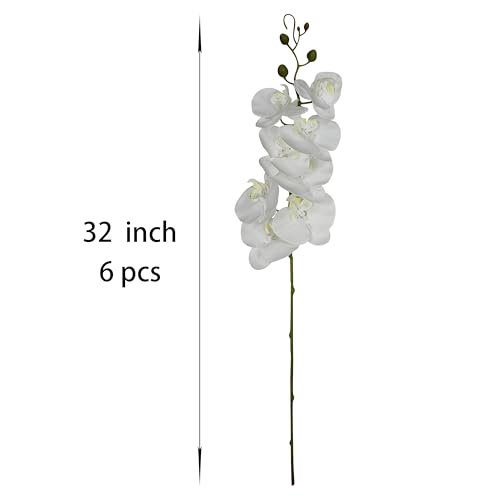 ATFL 6 Pack White Orchid Artificial Flowers Real Touch, 32'' Artificial Fake Faux Silk Orchid Stem Bouquets for Wedding Party Home Garden Decor,Orquideas Artificiales para Decora (not Including Pot) - color: White