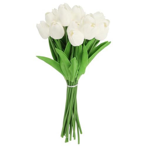 uxcell 20pcs Tulips Artificial Flowers, Faux Flowers Silk Fake Tulip Stems Real Touch for Wedding Bouquet Centerpiece Table Party Decoration(Pure White) - color: Pure White