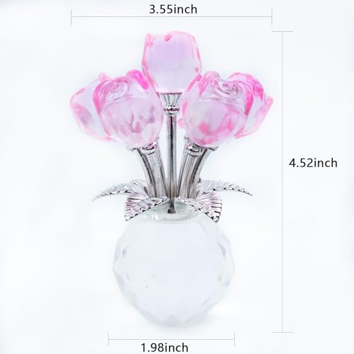 TWINKLING Crystal Roses Figurine with Round Vase, Glass Rose Crystal Flowers Bouquet, Birthday, Anniversary,Wedding, Home Décor,Silver Leaf (Pink) - color: Pink(silver Leaf)