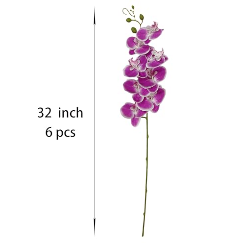 6 Pack Rose red White Edge Orchid Artificial Flowers, 32'' Artificial Fake Faux Silk Orchid Stem Bouquets for Wedding Party Home Garden Decor,Orquideas Artificiales para Decora (not including pot) - color: Rose Red With White Edge