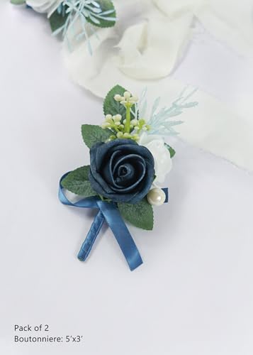 Set of 2 Navy Blue Rose Boutonniere for MenWedding, Groom Groomsman Artificial Flowers for Wedding Anniversary Celebration,Prom,Party,Home Decoratio (Navy Blue) - color: Navy Blue