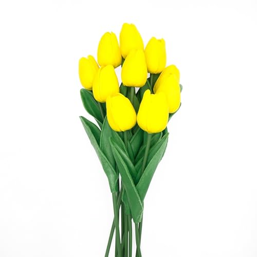 Yellow Flowers Fake Tulips Artificial Flowers, 13 Inch Real Touch PU Flowers for Decoration, 10 Pcs Tulip Flowers Bouquet for Vase, Mother's Day Easter Valentines Gifts - color: Yellow