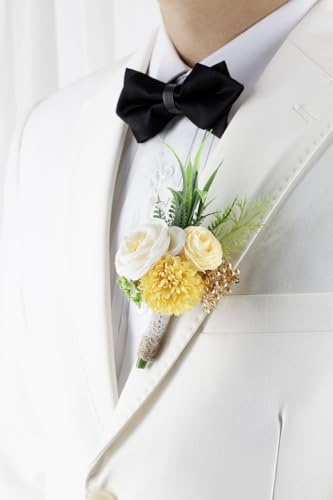 Ansofi Yellow Corsage and Boutonniere Set Artificial Rose Flower Wrist Corsage and Boutineers for Groom Groomsmen Bride Bridesmaids Prom Rustic Vintage Wedding Decor - color: Yellow