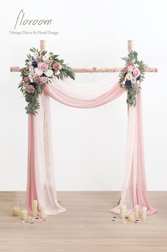 Floroom Arch Flowers with Drapes Kit (Pack of 4) - 2pcs Artificial Dusty Rose & Navy Blue Floral Swag Arrangement with 2pcs Draping Fabric for Wedding Ceremony Arbor and Reception Backdrop Decoration - color: Dusty Rose & Navy