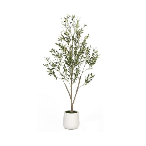 Artificial Olive Tree 5FT Tall Faux Olive Tree Artificial Indoor with Natural Wood Trunk and Lifelike Fruits Realistic White Planter Potted for Home Office Living Room Decor