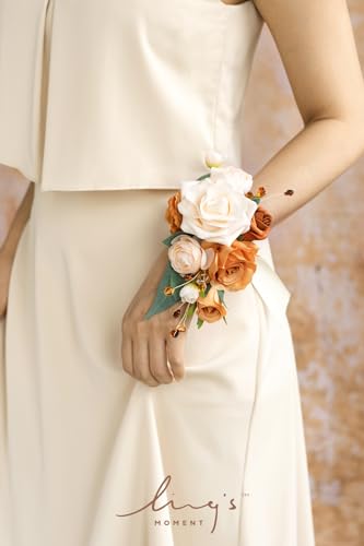 Ling's moment 2pcs Prom Wrist/Shoulder Corsage Artificial Flower, Girl/Mother Homecoming/Wedding Corsage Wristlet Décor, etc. Fall Terracotta Cream - color: Or-fall Terracotta & Cream