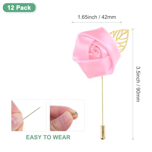 M METERXITY 12-Pack Flower Lapel Pins for Men, Golden Leaf Rose Boutonnieres Pin for Wedding/Dance/Party, Mens Lapel Pins for Suits Satin Flower Corsage Hat Pins [Pink] - color: Pink