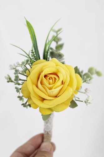Ansofi Yellow Corsage and Boutonniere Set Artificial Rose Flower Wrist Corsage and Boutineers for Groom Groomsmen Bride Bridesmaids Prom Rustic Vintage Wedding Decor - color: Yellow
