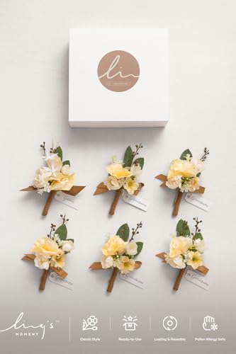 Ling's moment Boutonniere for Men, 6pcs Groom Groomsmen Boutonniere, Artificial Flowers for Wedding Decor/Prom/Homecoming, etc.Earth Brown & Butter Yellow - color: Earth Brown & Butter Yellow