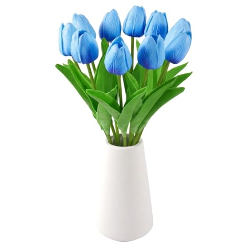 Real Touch Artificial Tulips with Ceramic Vase, 10 Blue Faux Tulips Arrangement, PU Tulips in Vase, Spring Table Centerpiece, Modern Farmhouse Home Decor for Dining Table & Living Room - color: Blue +Vase