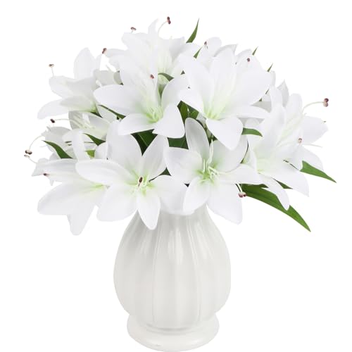 20 Heads Fake Lilies Artificial Flowers 4 Bundles White Silk Flowers with Stems Faux Lilies for Home Indoor Easter Table Decor Wedding Party Centerpieces Floral Arrangements (White) - color: White