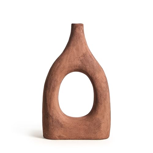 Large Boho Ceramic Floor Vase for Home Decor, Matte Narrow Hollow Vase for Pampas Grass, Minimalist Decorative Centerpiece for Living Room, Entryway, Office (Terracotta Medium) - color: Terracotta Medium