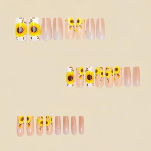 Flower MIXFOSAHN Press on Nails Medium Square Fake Nails Yellow Nude False Nails with Bright Sunflower Designs Glossy Full Cover Stick on Nails Flower Nails Glue on Nails for Women Girls 24 Pcs - color: Flower Square16