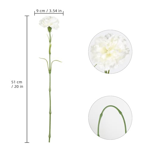 IPOPU White Carnations Artificial Flowers,6PCS Real Touch Fake Carnations 20'' Long Stem Faux Flowers for Tall Vases Home Wedding Party Table Centerpieces Decor (White) - color: White