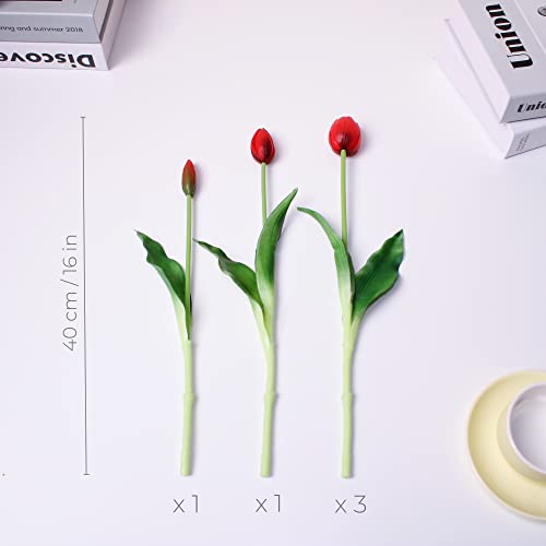 16-inch Premium Real Touch Fake Tulips, Artificial Flowers with Buds, Flexible Stem Easy to Shape, Faux Tulips (Vase not Included), 5-Pack Set of Passion Red - color: Passion Red