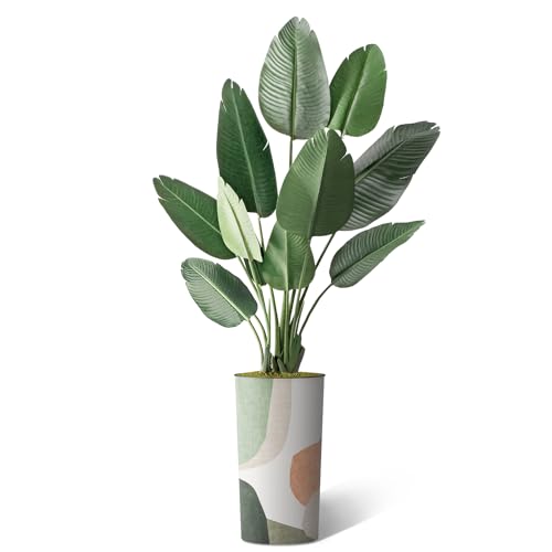 Artificial Tree in Multicolor Textured Geometric Shapes Illustrations Planter, Fake Bird of Paradise Silk Tree for Indoor and Outdoor Home Decoration - 67" Overall Tall (Plant Pot Plus Tree) - style: Bird of Paradise