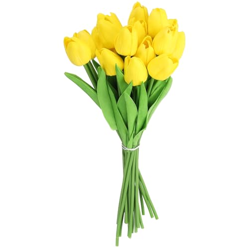 uxcell 20pcs Tulips Artificial Flowers, Faux Flowers Silk Fake Tulip Stems Real Touch for Wedding Bouquet Centerpiece Table Party Decoration(Yellow) - color: Yellow
