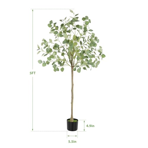 Artificial Eucalyptus Tree,5Ft Tall Fake Potted Tree Silk Faux Eucalyptus Tree with Plastic Nursery Pot, Artificial Plants for Home Office Indoor Decor - size: 5ft