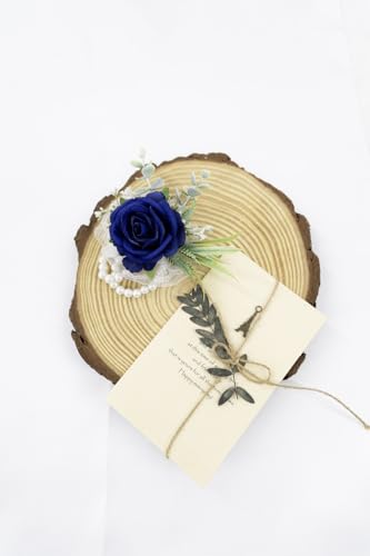 Ansofi Navy Blue Corsage and Boutonniere Set Artificial Rose Flower Wrist Corsage and Boutineers for Groom Groomsmen Bride Bridesmaids Prom Rustic Vintage Wedding Decor - color: Navy Blue