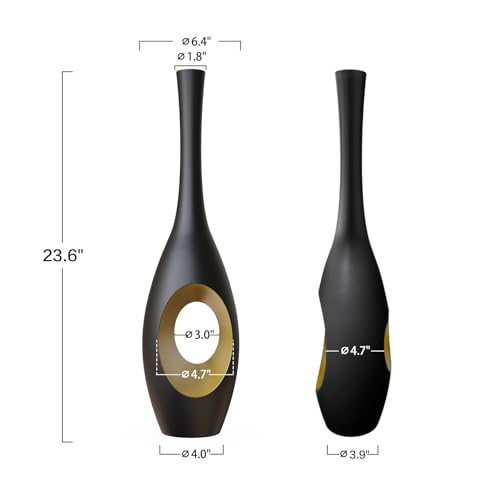23.6 in Black Floor Vase – Modern Oval Tall Floor Vase with Gold Cutouts & Slim Neck, Decorative Vases for Luxury Home, Office, Wedding Decor – Resin Tall Vases