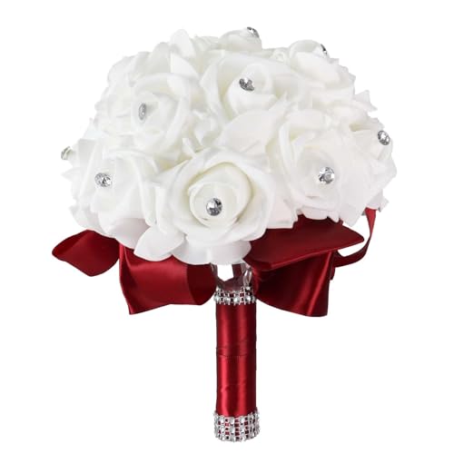 MOJUN Wedding Bouquets Crystal PE Roses Bridal Bridesmaid Wedding Hand Holding Bouquet Artificial Fake Flowers Toss Bouquet, Burgundy - color: Burgundy