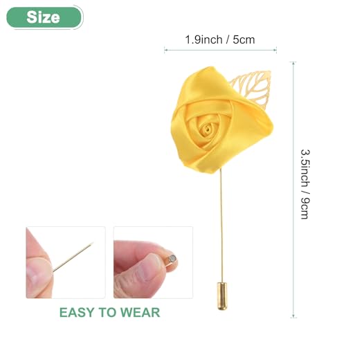 M METERXITY 1-Pack Flower Lapel Pins for Men, Golden Leaf Rose Boutonnieres Pin Groom Boutonnieres for Wedding/Dance/Party, Men Lapel Pins for Suits Satin Flower Corsage [Yellow] - color: Yellow