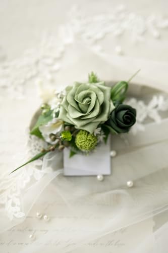Ling's moment Pocket Boutonniere Single, Boutonniere for Men Groom for Wedding, Prom, Homecoming, Anniversary, Graduation, etc.Green Beige, 6" W x 5" H - color: Grn-green & Beige, size: 6" W x 5" H