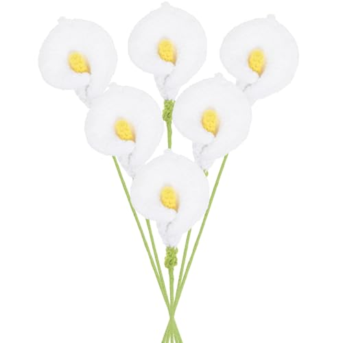 M METERXITY 6-Pack Crochet Flowers, Knitted Artificial Wool Calla Lily for Mother's Day/Wedding/Birthday/DIY Decor, Handmade Knitted Flowers [White] - color: White