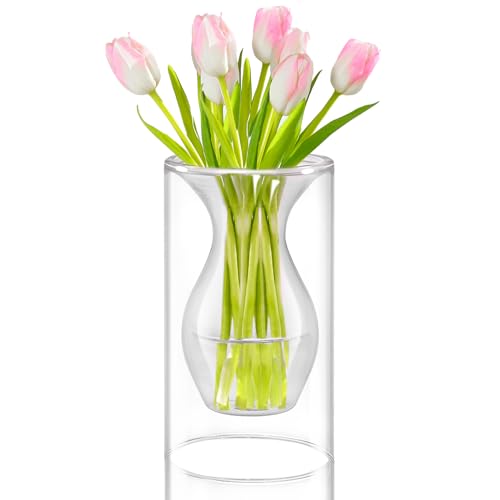 ZENS Unique Small Flower Vase, Modern Double Hollow Clear Glass Vase, Floating Decorative Vase Hand Blown Cool Bud Vase for Home Small Bouquet, Wedding Centerpieces - color: Transparent, size: 7 inch tall Lantern Vase