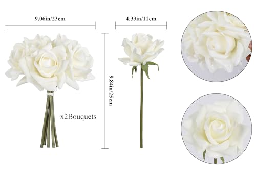 IPOPU White Roses Artificial Flowers,2 Bouquets 10PCS Real Touch Faux Roses with Stems for Wedding Party Home Table Centerpieces Decoration(White) - color: White
