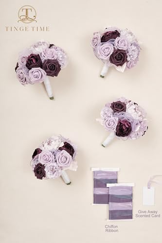 TINGE TIME 7 Inch Artificial Flowers Wedding Bouquets for Bridesmaid, Set of 4, Lavender Bride Tossing Bouquet for Wedding Ceremony Festivals Bridal Shower Rehearsal Dinner Vintage Party - color: Lavender & Plum
