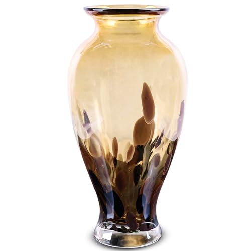 11.8" Tall Blown Amber Gold Glass Vase, Amber Opaque Glass Vase, Unique Design Wide Mouth Art Decoration for Home, Living Room, Dining Table, Pampas Grass Decor (Amber Gold) - color: Amber Gold