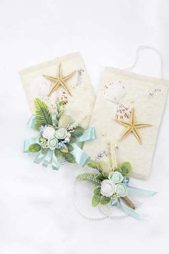 Turquoise White Corsage and Boutonniere Set Wrist Corsage Wristlet for Prom Groom Flower Boutonniere for Men Wedding Party Homecoming Accessories Suit - color: Turquoise White