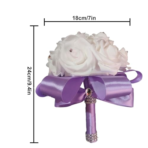 Wedding Bouquets for Bride, Bridal Flowers for Wedding, Bride Bridesmaid Hand Flowers Bridal Bouquet Crystal Diamond Silk Roses, Artificial Flowers Bouquet for Church Wedding Party (Purple) - color: Purple