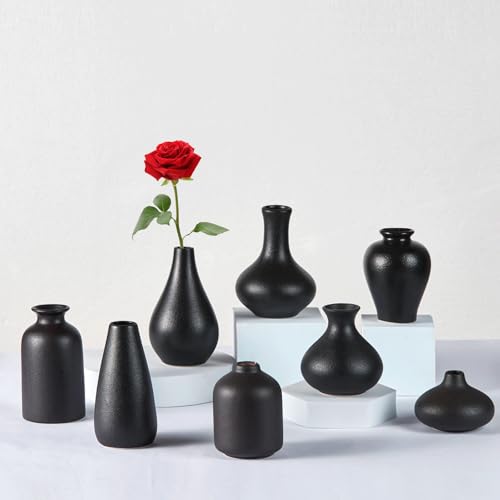 Small Black Vases Set of 8 - Mini Ceramic Bud Vases for Flowers, Pampas Grass, Rustic and Modern Home Decor, Perfect for Living Room, Table Centerpieces, Black Vases Home Decor, Bathroom Decor - color: Black-set of 8