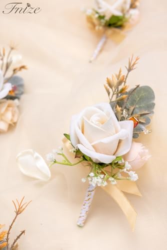 Fnize Champagne Boutonniere for Men, 6 Pcs Groom Groomsmen Boutonnieres, Artificial Flowers for Wedding Prom Homecoming - color: Champagne