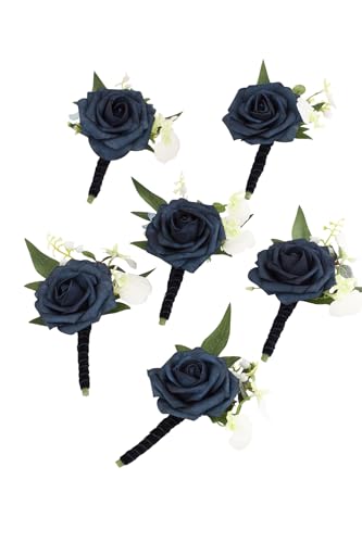 Set of 6 Navy Blue Boutonniere for Men for Wedding Groom Groomsmen Artificial Rose Rose Flowers Boutonniere for Wedding Ceremony Anniversary Formal Dinner Party - color: Navy Blue, size: Pack of 6