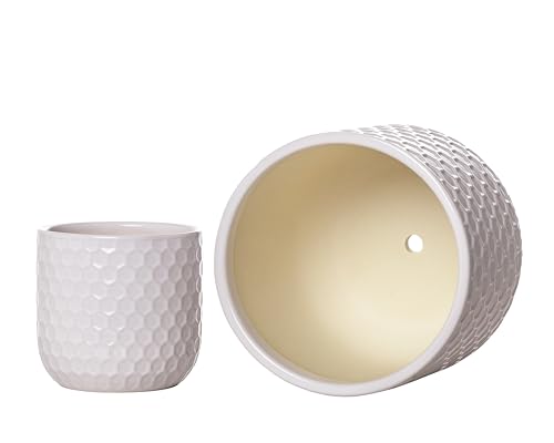 Docrin Plant Pots Indoor with Drainage: 6.4+5.3+4 Inch Ceramic Flower Pots for Plants - Set of 3 Modern Decorative Planters for House/Office/Gift - White Honeycomb - color: Milky White