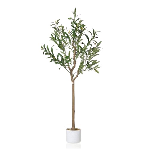 GarveeHome 4FT Faux Olive Tree, Indoor Artificial Potted Olive Tree with White Planter, Lifelike 14 Fruits and Realistic Leaves, Modern Fake Tree for Home House Office Patio Decor Gift ﻿ ﻿
