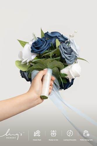 Ling's moment Artificial Bridesmaid Bouquets Set of 4,Navy Blue Wedding Flower Bouquets White Rose Floral Bouquet Bridal Bouquets with Ribbon Ceremony Anniversary,7-inch Diameter - color: Blu-white Blue & Navy
