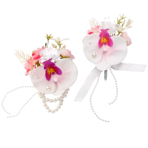 Phalaenopsis Orchid Wrist Corsage and Boutonniere Set, Artificial Corsage Wristlet and Boutonniere for Wedding Prom Party (Phalaenopsis.2Pcs) - color: Phal.pink 1 Boutonniere&1 Wrist Corsage