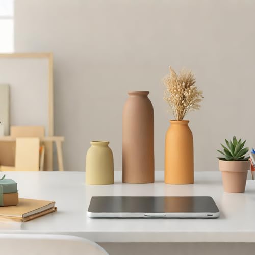 Ceramic Vase Set-3, Small Flower Vases for Decor, Modern Boho Farmhouse Style, Decorative Vases for Pampas Grass & Dried Flowers, Distressed Finish (Brown Mix) - color: Brown Mix
