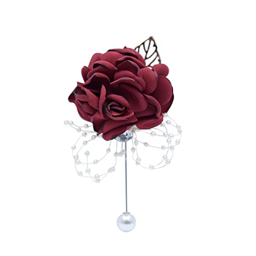 Rose Wrist Corsage Boutonniere Set,Wrist Flower Corsage Wristlet Band Bracelets and Men's Boutonniere for Wedding Flowers Accessories Prom Suit Decor - color: Set Red