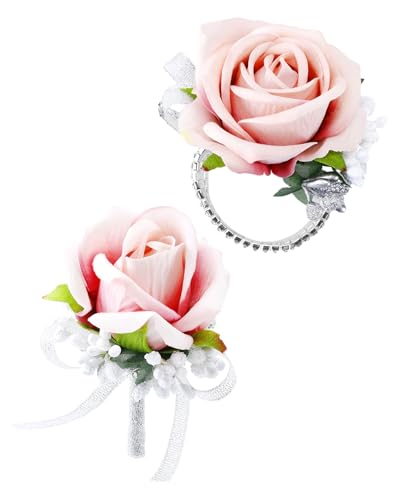 eZAKKA Wristlet Corsage and Boutonniere Set, Pink Rose Boutonniere for Men, Flower Wrist Corsage Bracelets Decorations for Wedding Party Prom Suit, 2 Pcs - color: Pink