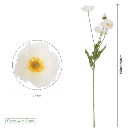 Artificial Poppy Flowers, 5 Bundles Faux Poppies with Stems for Floral Arrangements - Wedding, Home, Office, Party Table Centerpiece Decor (White) - color: White